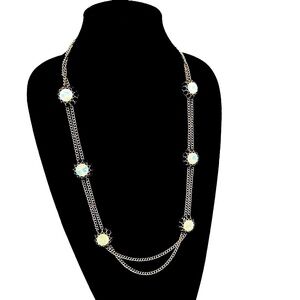 TALBOTS | Modern Black Enamel & Opalite Flower Silver Station Necklace | NEW